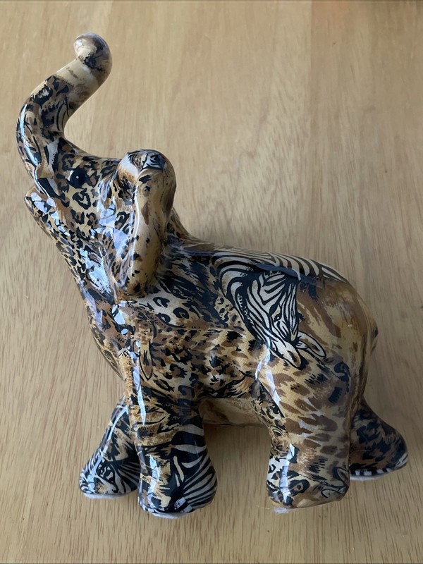 La Vie Vintage Safari Elephant Patchwork Decoupage Gloss Figurine 8”