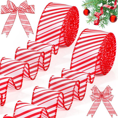 2 Rolls 20 Yards Christmas Candy Cane Wired Ribbons 1.5 Inch Wide Red and White