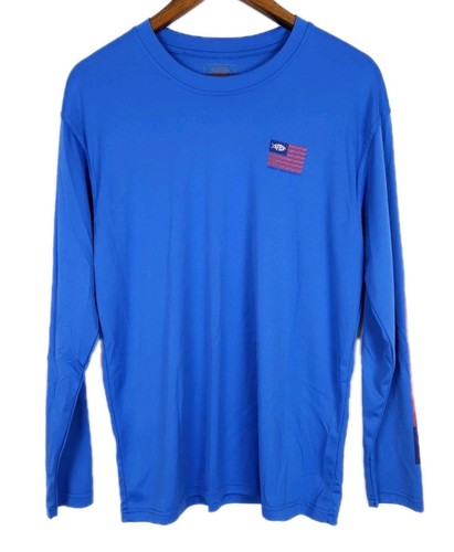 Aftco Men's Medium Blue Red Spangled Flag Logo Long Sleeve Sun Shirt Outdoors