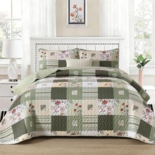 Floral Patchwork Quilt Set Queen Size Green Bedspread Coverlet Set, 3 Pieces