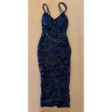 Goth Glam Prom Formal Black Sequin Lace Up Back Midi Dress XS