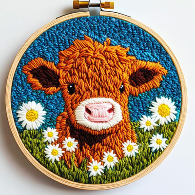 DIY Punch Needle Kits for Beginners Cute Cartoon Highland Cow with Daisy Flower