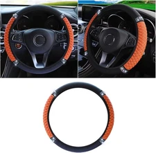 Soft Leather Steering Wheel Cover, 15 Inch Rhinestones, Orange, for Most Cars