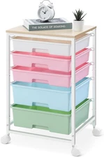 Utility Cart with 5 Drawers,Storage Drawer Cart with Wooden Tabletop and Lockabl