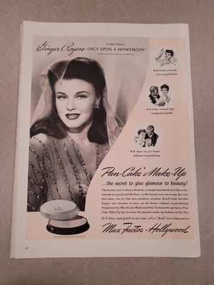 VTG 1942 Original Magazine Ad Max Factor Ginger Rogers Pan Cake Make Up
