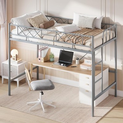 Twin Size Loft Bed Metal Loft Frame with Safety Guardrail & Flat Ladder Rung