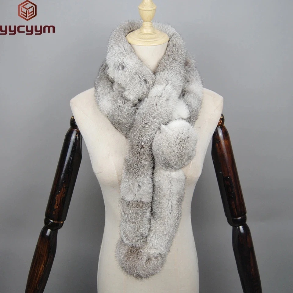 Real Rabbit Fur Scarf Long Warm Genuine Rabbit Fur Scarves Pompoms Fur Scarves - Image 2 of 4