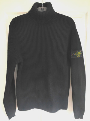 Stone Island Vintage Wolle Rollkragen Pullover in Schwarz, Large, Brustumfang: 46'' #