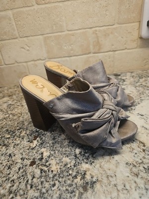 SAM EDELMAN Yumi Bow Block Heels Mule Slip On Shoes Women's Size 7 Silver/Grey