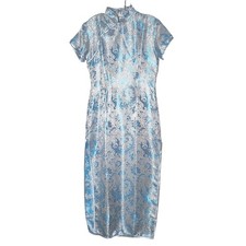 Whitby Cheongsam Dress Women Size 38 Silver Blue Floral Brocade Qipao Maxi