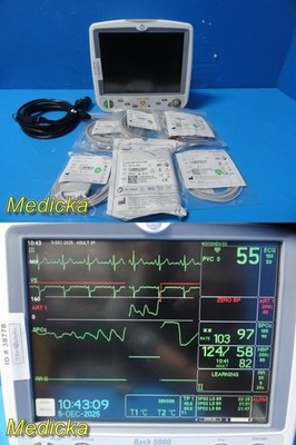 GE Dash 5000 Monitor (2X IBP, NBP, ECG, SpO2, TEMP) W/ Batteries & Leads ~ 38778