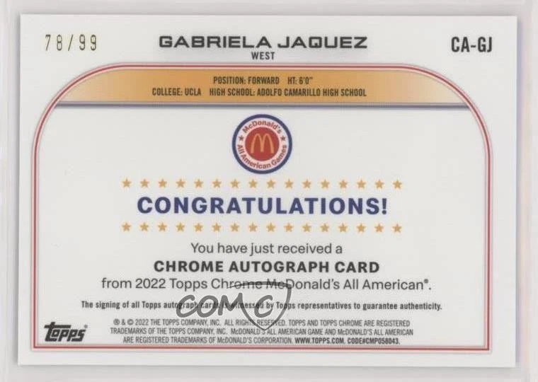 2022 Chrome McDonald's All American Aqua Refractor /99 Gabriela Jaquez Auto - Image 2 of 2