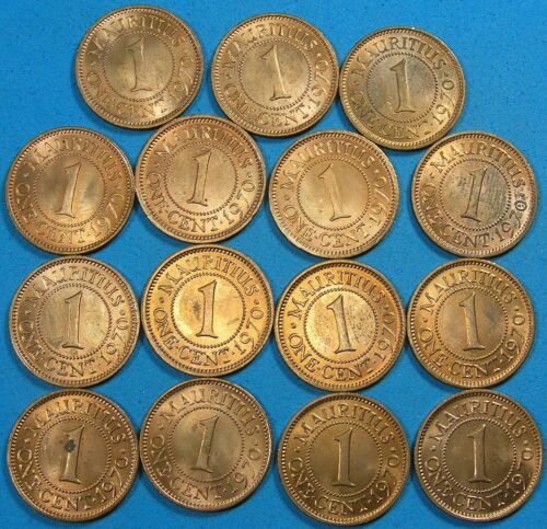 Mauritius Lot of 15 Coins, 1 Cent all dated 1970 UNC RB to BU red color, KM-31 - Picture 1 of 4