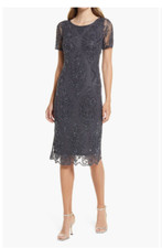 PISARRO NIGHTS BEADED CHARCOAL MIDI SHEATH GOWN DRESS sz 4