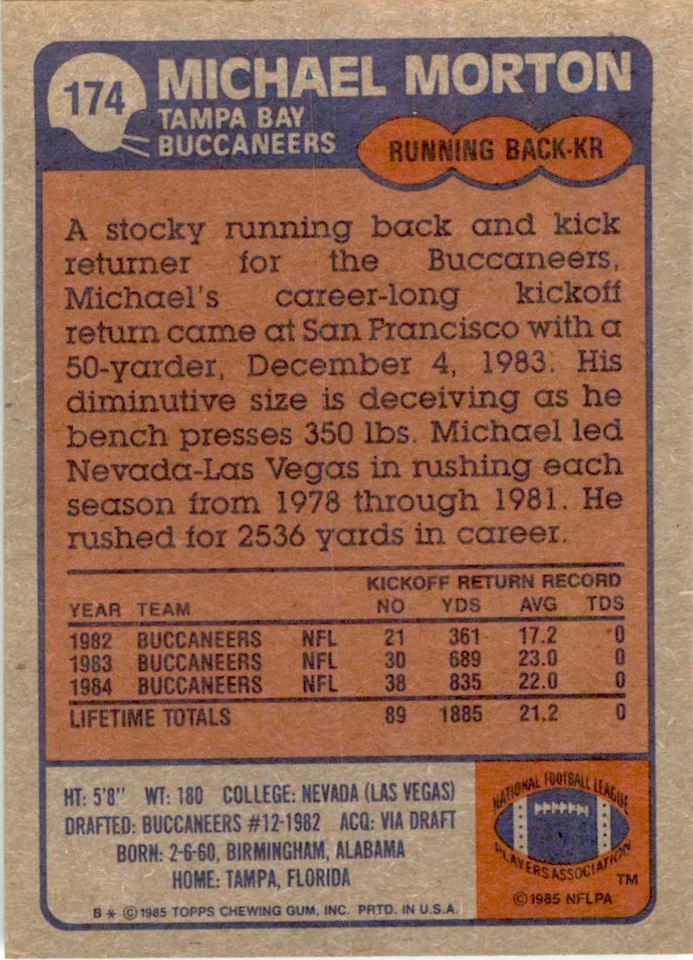 1985 TOPPS! MICHAEL MORTON TAMPA BAY BUCCANEERS #174 - Image 2 of 2