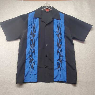 DC Clothing Button Front Shirt Men Sm SS Embroidered Flames Blue Black Collared
