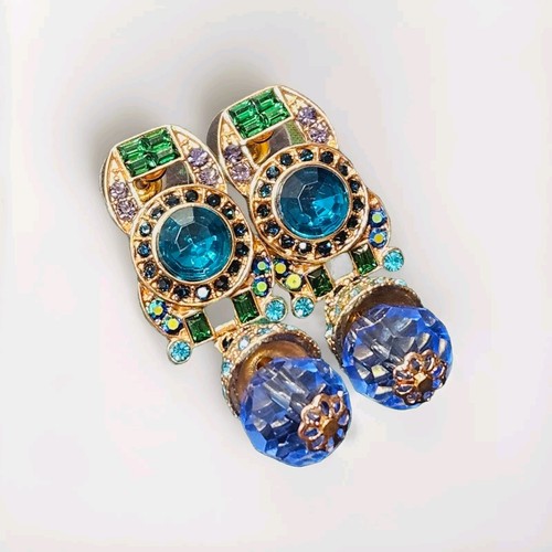 18K Gold Plated Jeweled Earrings Green Blue Glass Rhinestones Egyptian Pharaoh - 第 1/10 張圖片