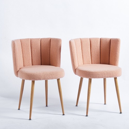 Modern Beige Dining Chair Set of 2, Iron Tube Wood Legs, Short Hair Cushions