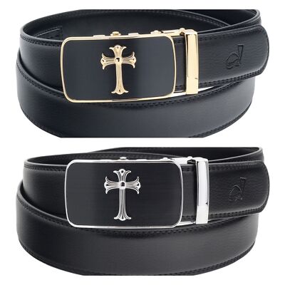 QHA Mens Ratchet Belt Jesus Cross Automatic Buckle 35mm Wide Q39