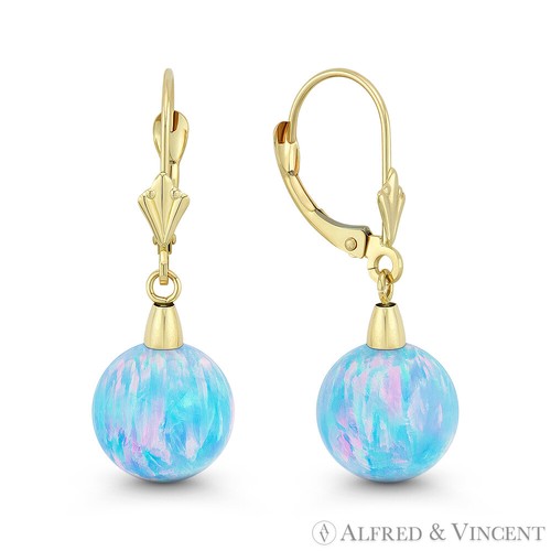 Azure Blue Lab-erstellte Opalkugel 14k Gelbgold Hebel Tropfen hängende Ohrringe - Bild 7 von 7
