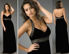 Adrianna Papell Black Silk Chiffon Metallic Beaded Halter Dress Gown 10