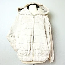 Teddy Jacket Coat Beige Faux Fur Hooded Plush Full Zip Satin Lined Size S/M