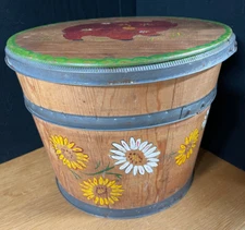 Vintage Sugar Bucket Solid Wood w/Lid Hand Painted Daisies Pig Farmhouse 12"x9"