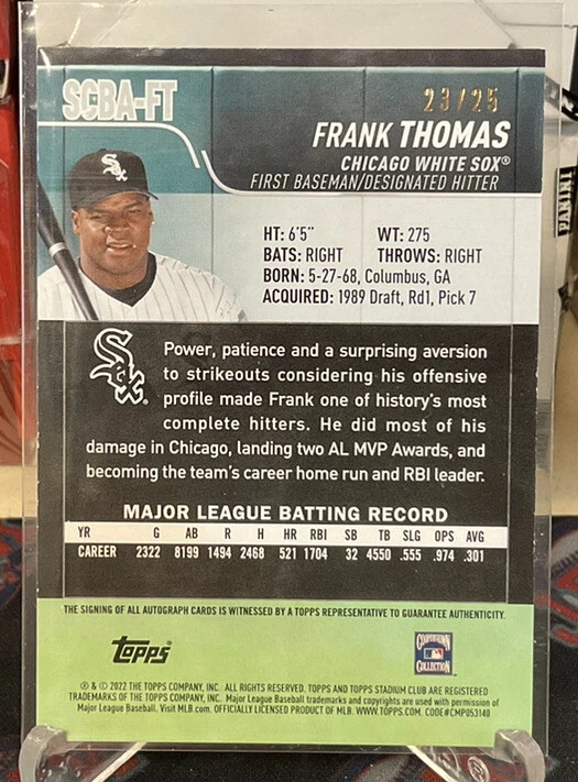 2022 Topps Stadium Club Frank Thomas On Card Auto Black Parallel 23/25 SCBA-FT
