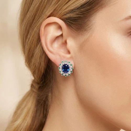 Floral Royal Blue Sapphire 8.80Ct 925 Sterling Silver White Gold Halo Earrings