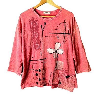 Jess & Jane floral abstract tunic top coral Artsy Lagenlook Women s Gauze XL USA