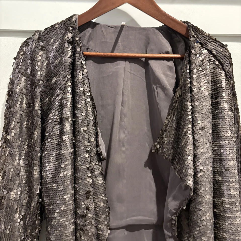 Chaqueta Free People Mujer Pequeña Gris Lentejuelas Drapeada Cárdigan Frente Abierto Boho Foto 4 de 4