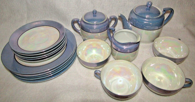 Noritake Morimura Lusterware Purple Blue Tea Set Pearlized 19 Piece Set Pot Cup
