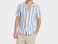 Blue Striped Collared Button-Down Shirt Standard fit Short Sleeve Goodfellow