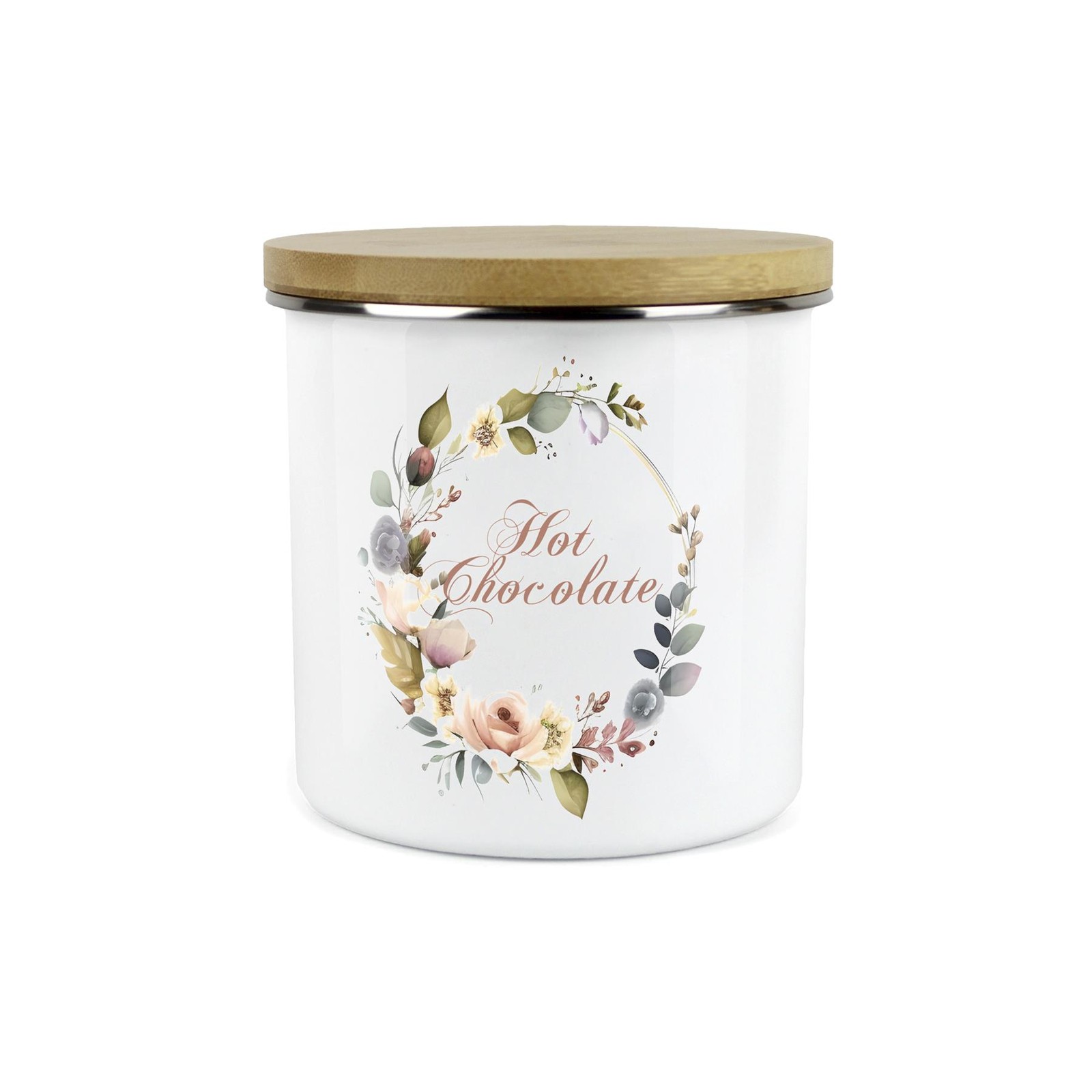 Floral Wreath Hot Chocolate Canister - Enamel Kitchen Storage Canister
