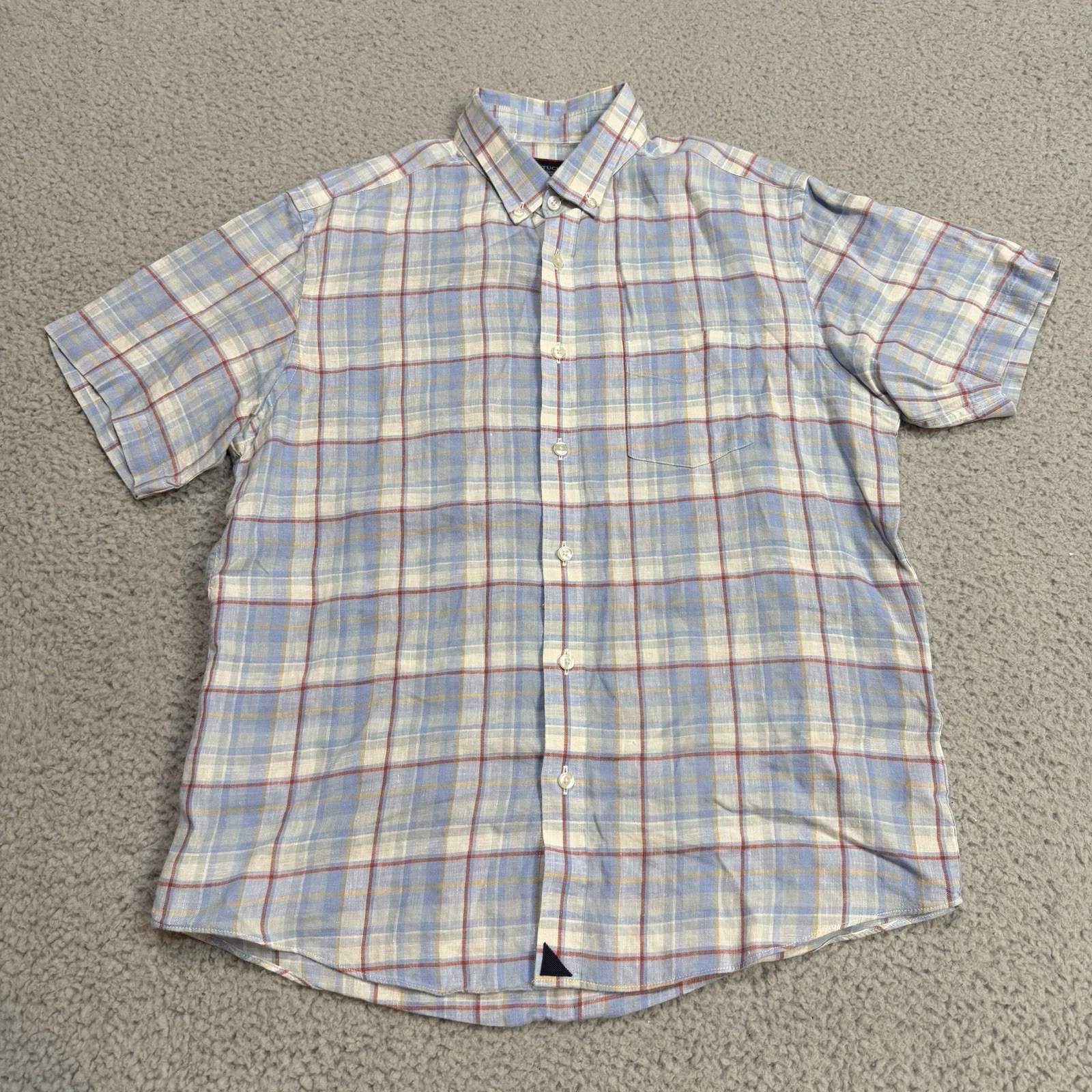 Untuckit Shirt Mens Medium Blue Red Plaid Matisco Linen Button Up Casual Preppy