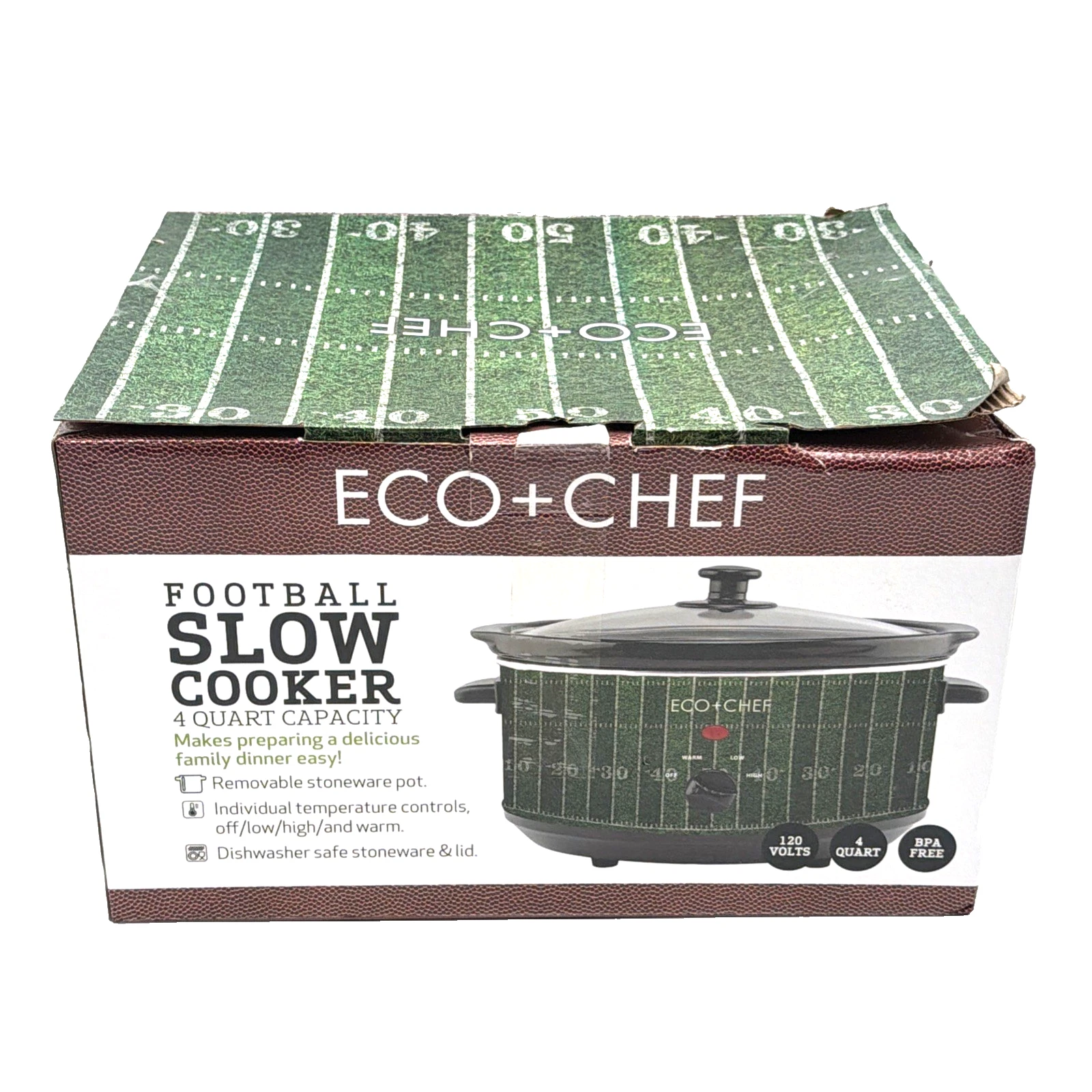 Eco+Chef 4qt Slow Cooker Football Theme Crock Pot Game Day Essential NEW