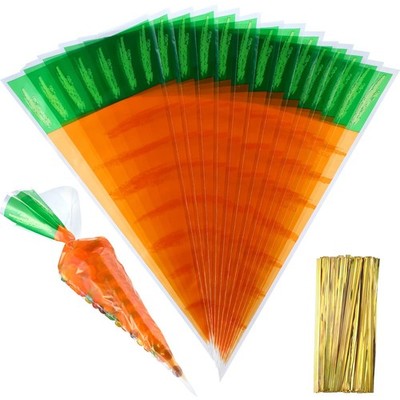 200 Counts Easter Carrot Patterned Cone Cellophane Bags Treat Goody Bags with Go