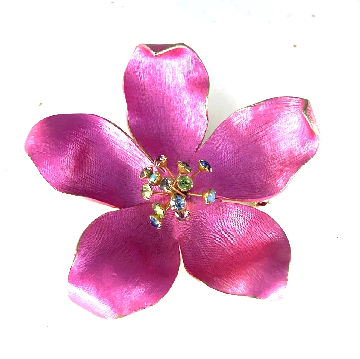 Hot Pink Satin Enamel Flower Brooch, Multi-color Rhinestones Center Gold Back 3"