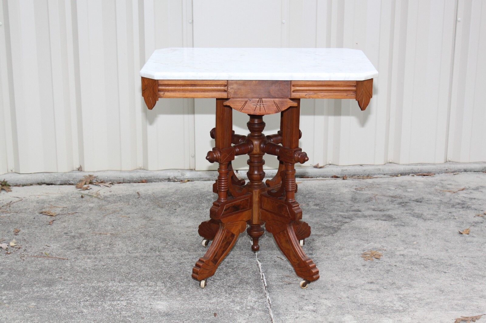 Ornate Burl Walnut Victorian Eastlake Marble Top Table with Fancy Carved Base 