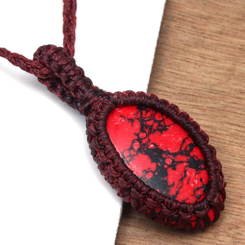 Macrame Red Handmade Necklace Copper Turquoise Thread Gemstone Jewelry - Picture 7 of 9