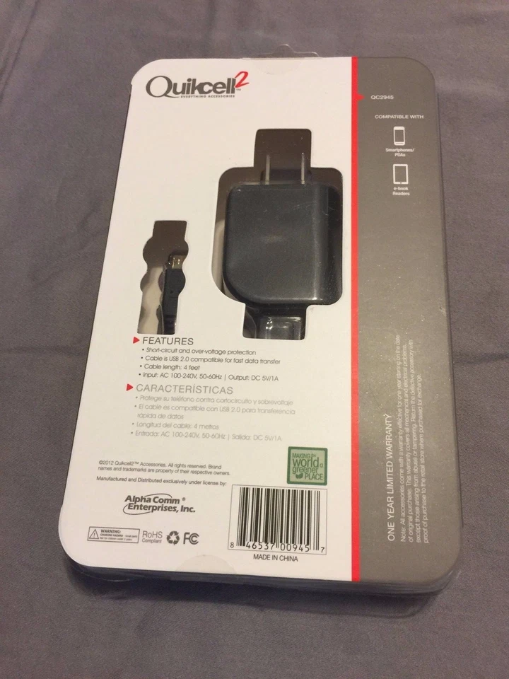 Quikcell 2 Micro USB Premium Home Charger with sync cable 1000 mAh QC2945 - Image 2 of 2