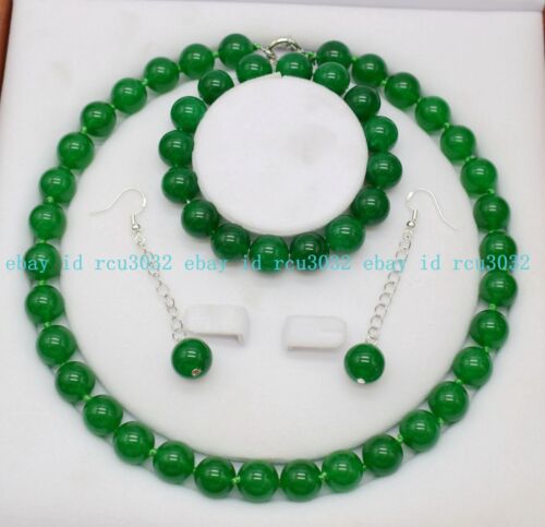 Juego de pendientes de pulsera de cuentas redondas de piedra preciosa verde natural de jade de 6-14 mm - Imagen 1 de 16