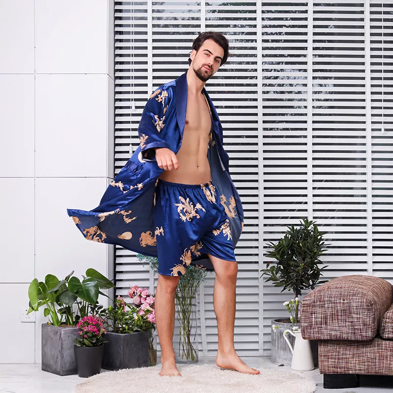 Men Kimono Bathrobe Silk Satin Pajama Set Sleepwear Night Gown Shorts Sleep