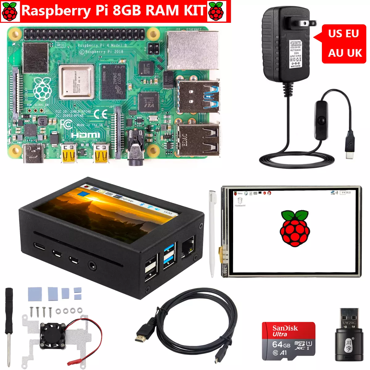 Raspberry Pi 4 B 8GB RAM Kit with 3.5 Touch Screen + Metal Case + Power  HDMI