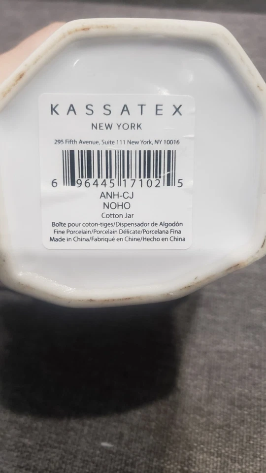 Tarro de algodón de cerámica blanco y negro usado RARO KASSATEX NY Foto 3 de 4