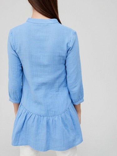 V by Very Cotton Three Quarter Sleeve Longline Blouse In Blue. Size UK 14. New - Picture 4 of 4