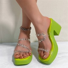 Women's Chunky Heel Sandals Rhinestones Transparent Square Toe Platform Slippers