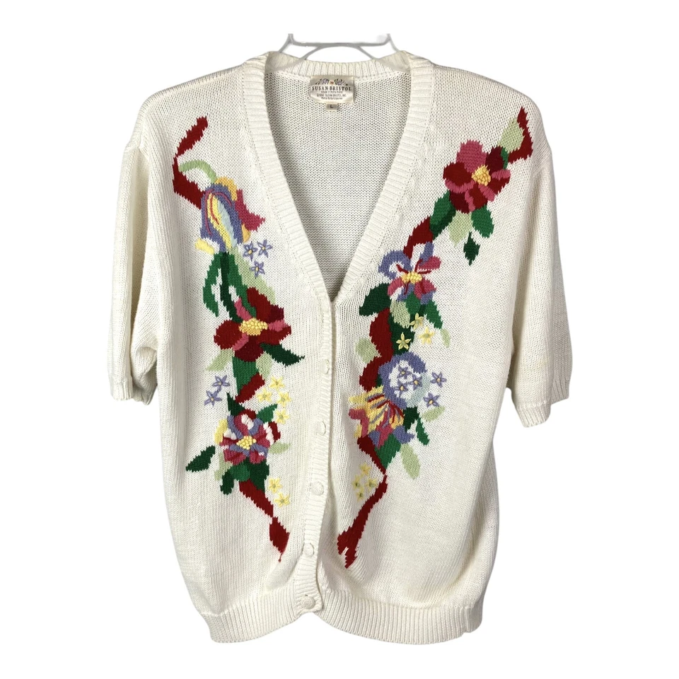 Susan Bristol Hand Embroidered Cardigan Sweater Short Sleeve Women L Ramie 1992 - Image 2 of 4