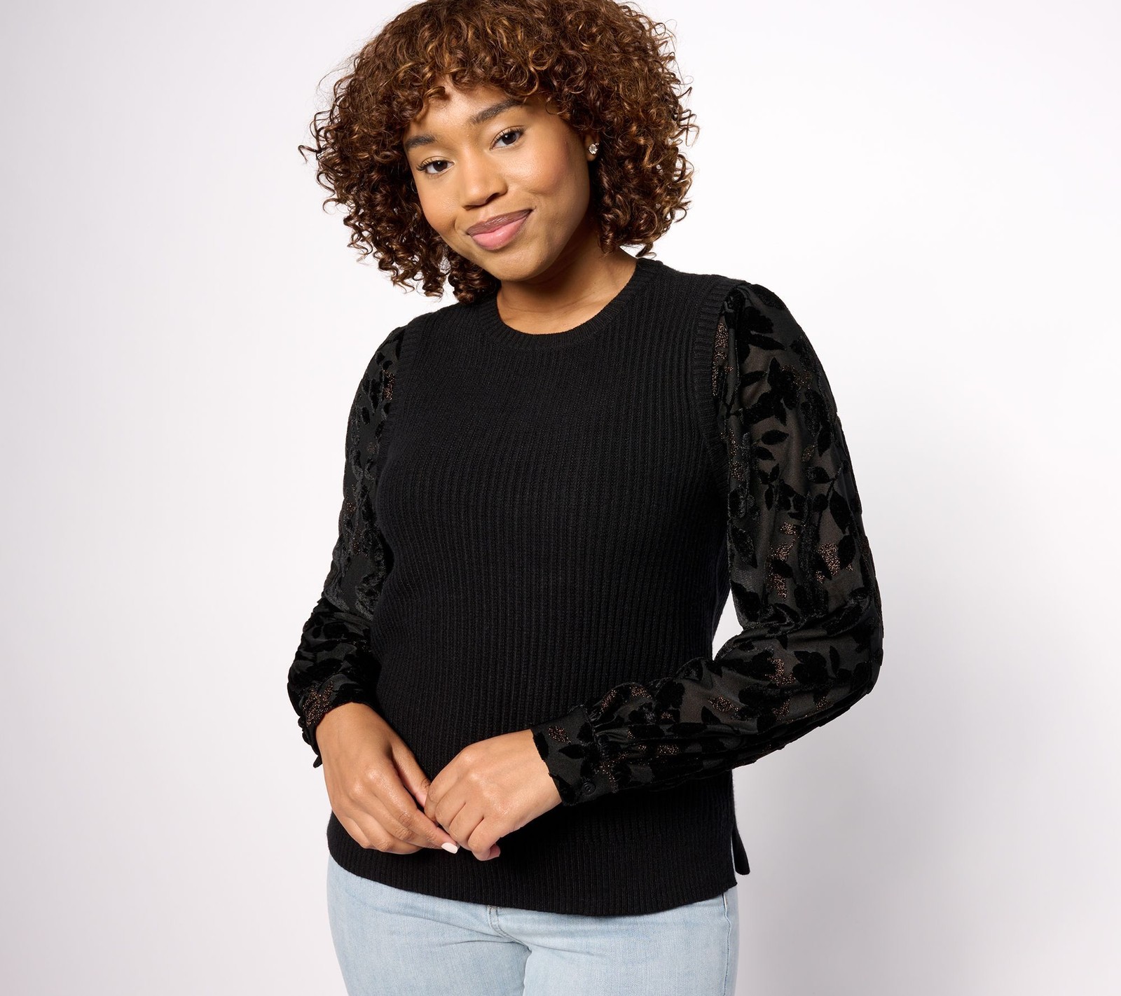 Isaac Mizrahi Live! Women's Top Plus Sz Sweater 2X with Burnout Black A620560