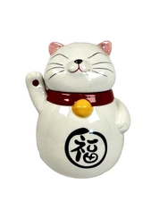 Maison Home Maneki Neko Lucky Cat Cookie Jar 60oz Fortune Japanese Decor Wht Red